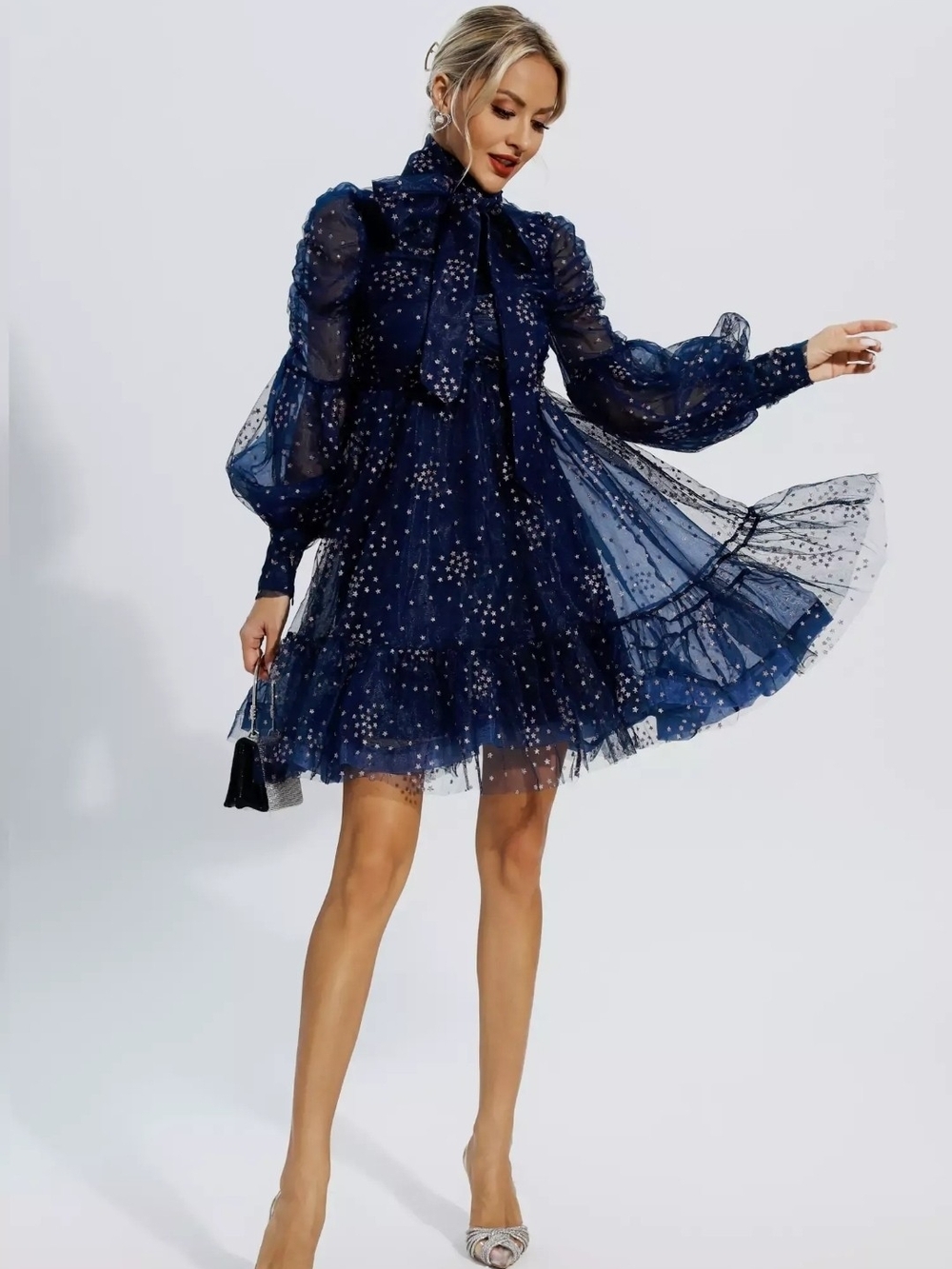 Tie-Neck Navy Star-Embellished Ruffle Mini Dress